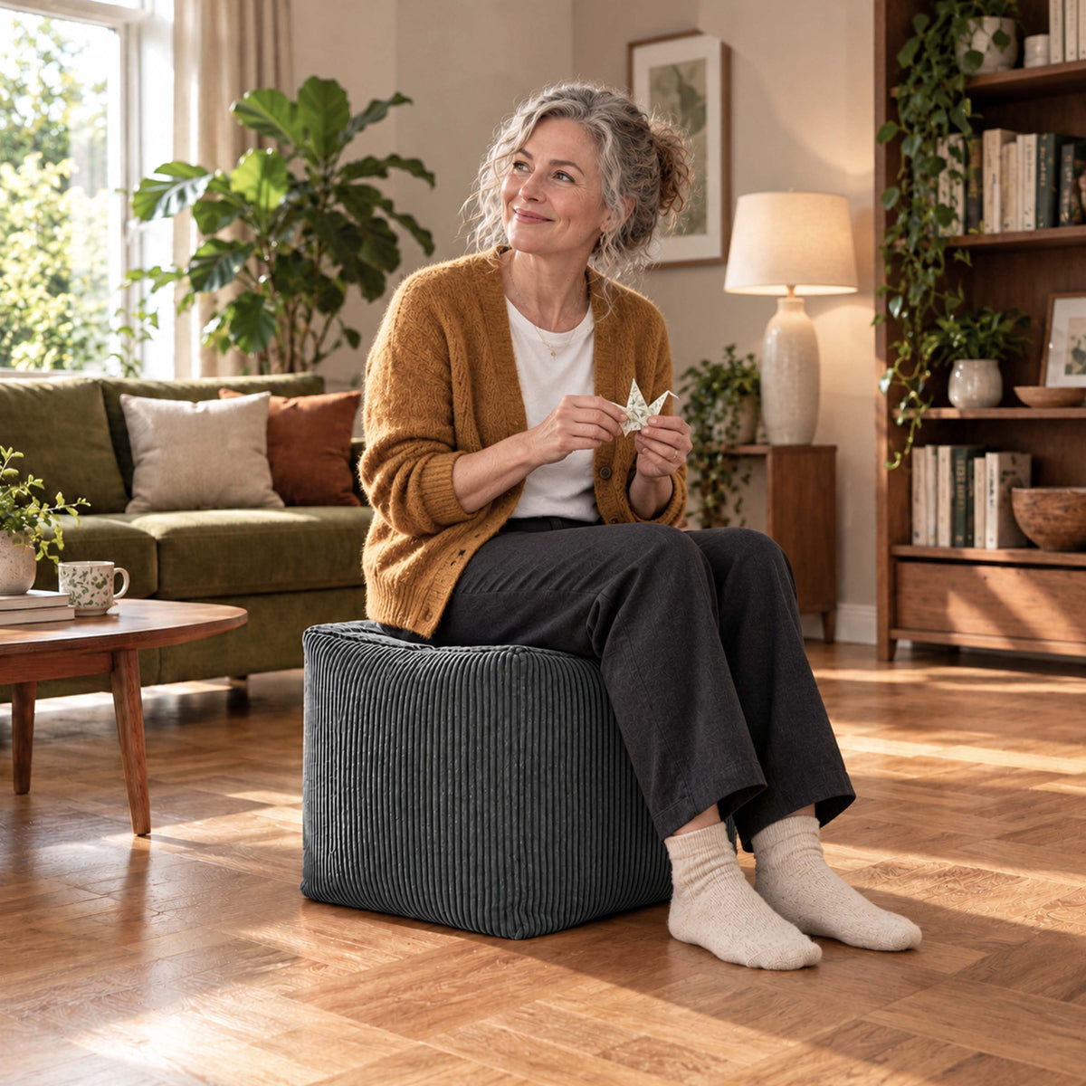 pouf cube en velours côtelé gris déhoussable : pouf cube en velours gris côtelé pour assise ou repose-pieds