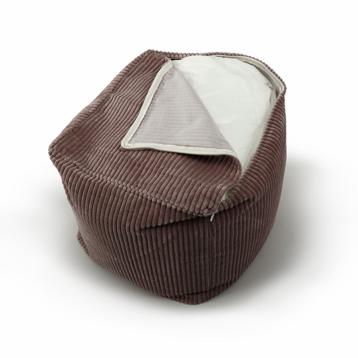 Pouf Cube Velours Côtelé Marron, cube moelleux en velours côtelé marron, assise et repose-pieds, vue détail