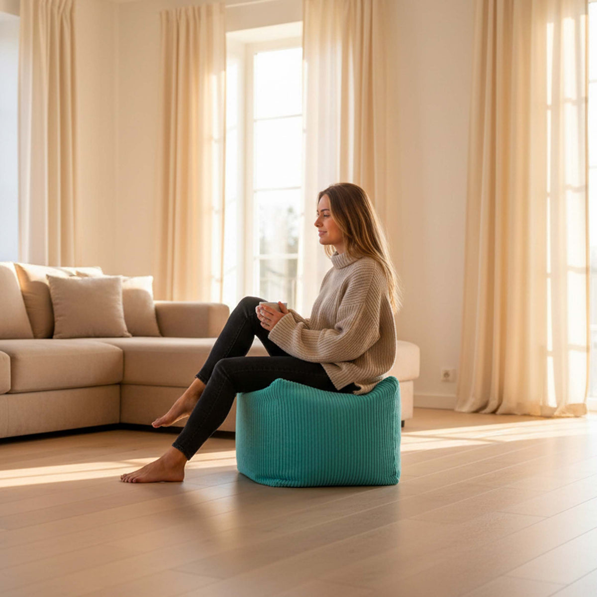 Pouf Cube Velours Côtelé Turquoise, pouf cube en velours côtelé pour assise ou repose-pieds dans un salon lumineux