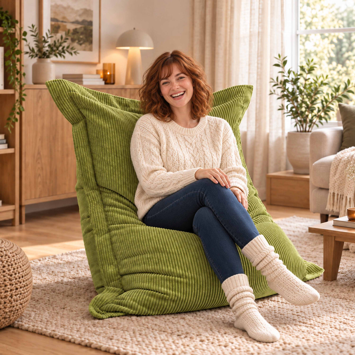 Pouf Velours Côtelé Vert olive clair, fauteuil design rectangulaire en velours côtelé vert, pour coin détente salon