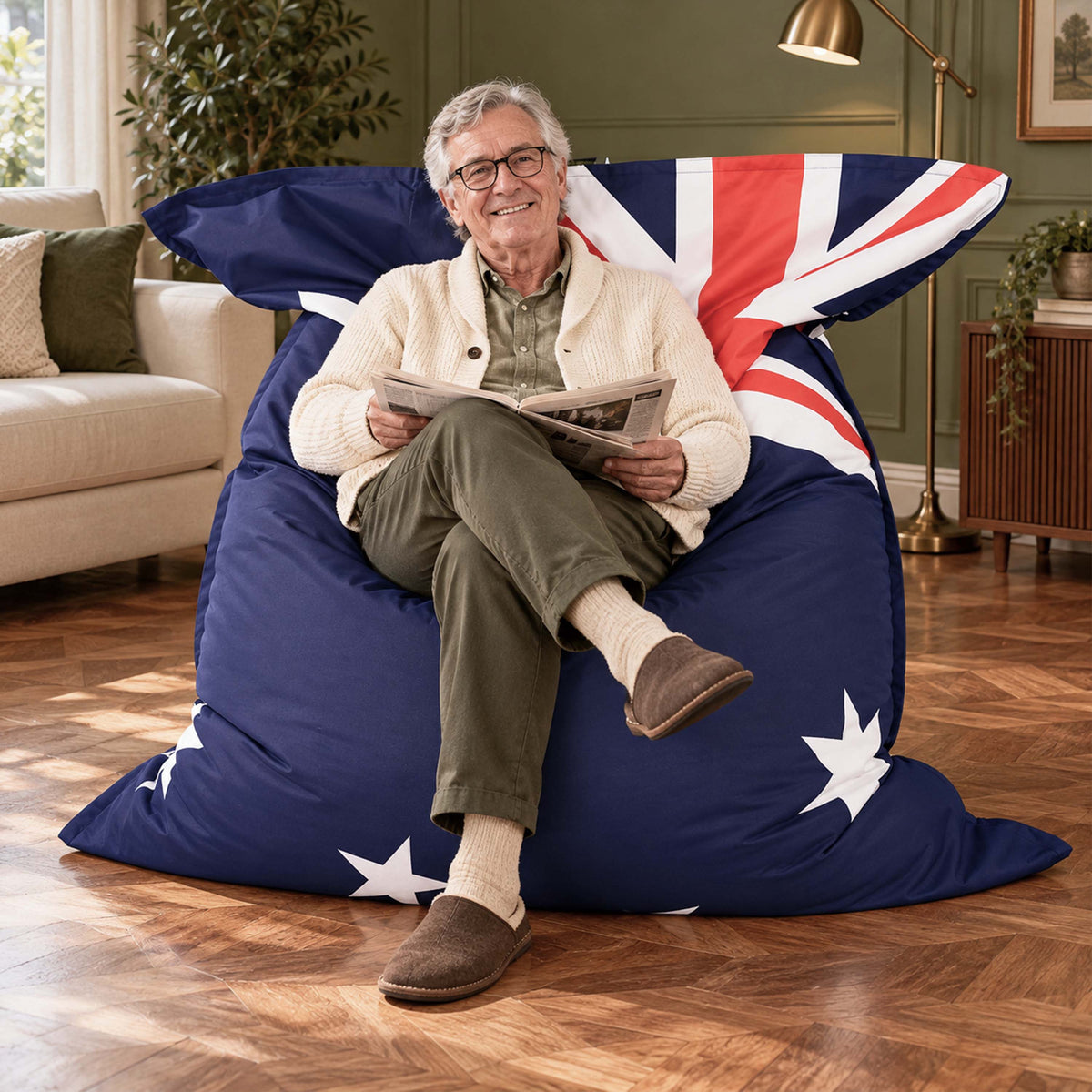 pouf géant drapeau australien BiG52, coussin géant bleu rouge blanc avec étoiles, détente dans le salon