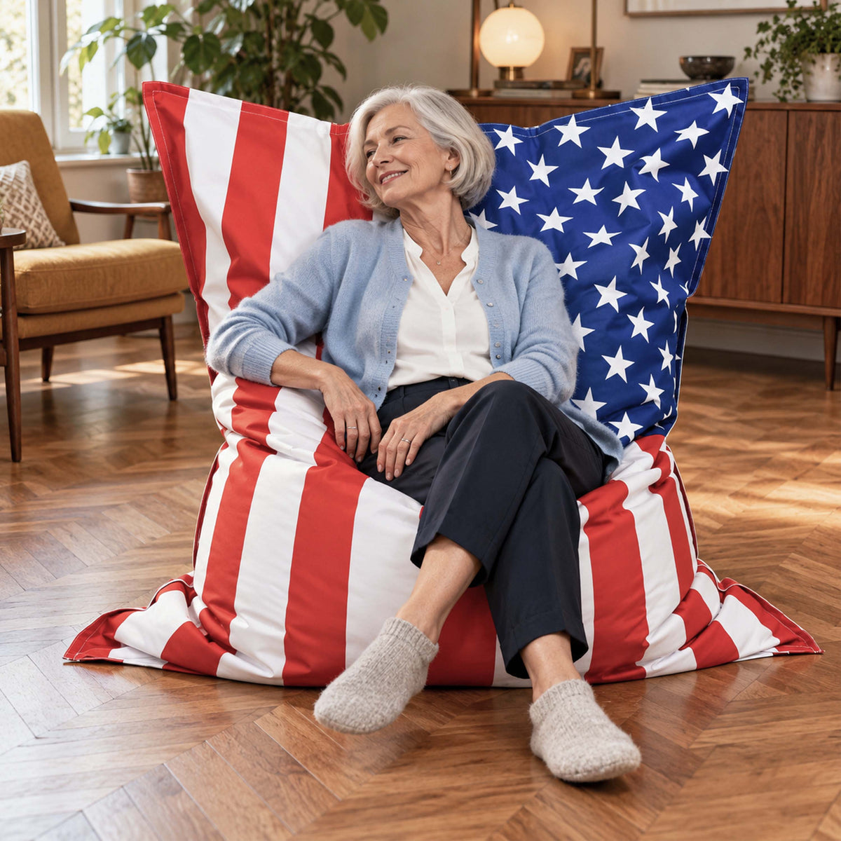pouf géant drapeau américain USA XXL : coussin XXL avec motifs étoiles et bandes rouges et blanches, pour salon confortable
