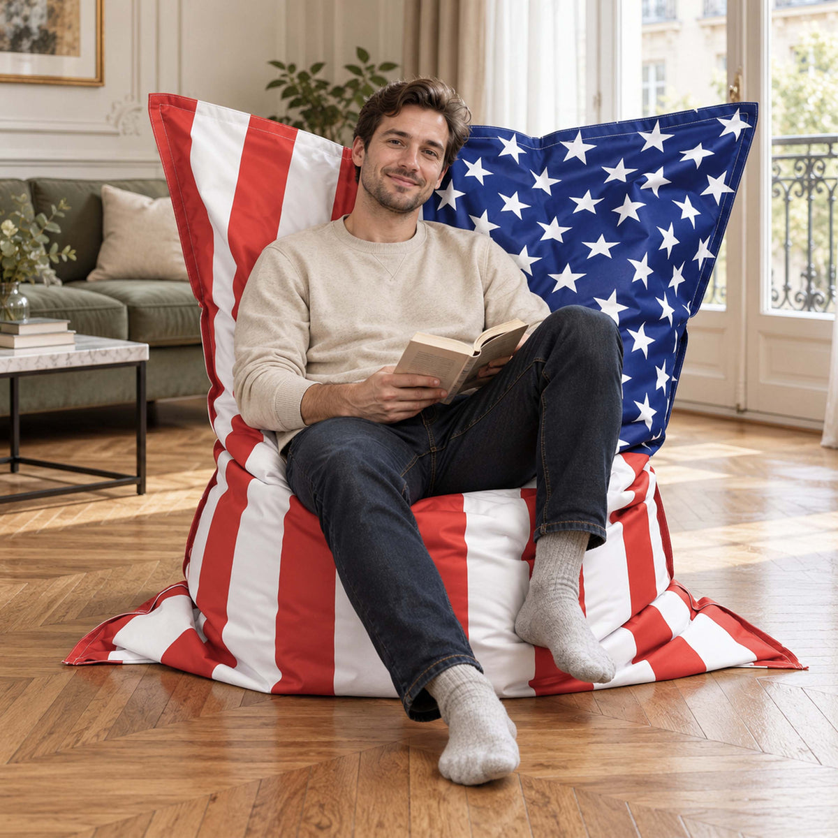 Pouf géant drapeau américain USA XXL, coussin XXL aux couleurs du drapeau des USA pour détente et déco intérieure