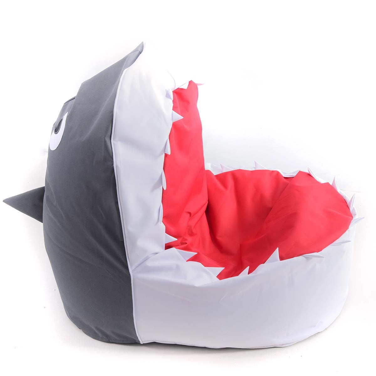 Alt Tag: Pouf Enfant Design Requin Blanc, pouf enfant en forme de requin, tissu ultra résistant pour intérieur, blanc et rouge