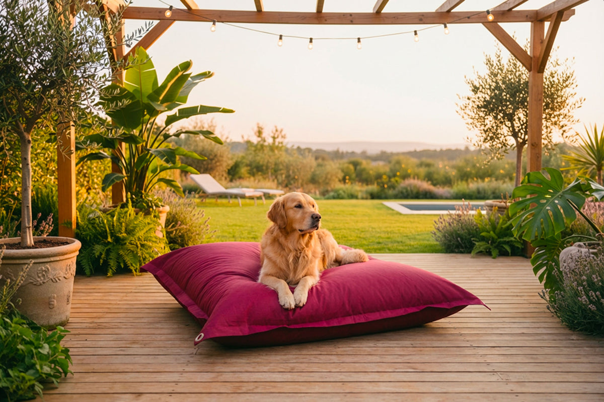Pouf Extérieur Prune IRON RAW XXL 170 x 130 cm sur terrasse, jardin verdoyant avec chien