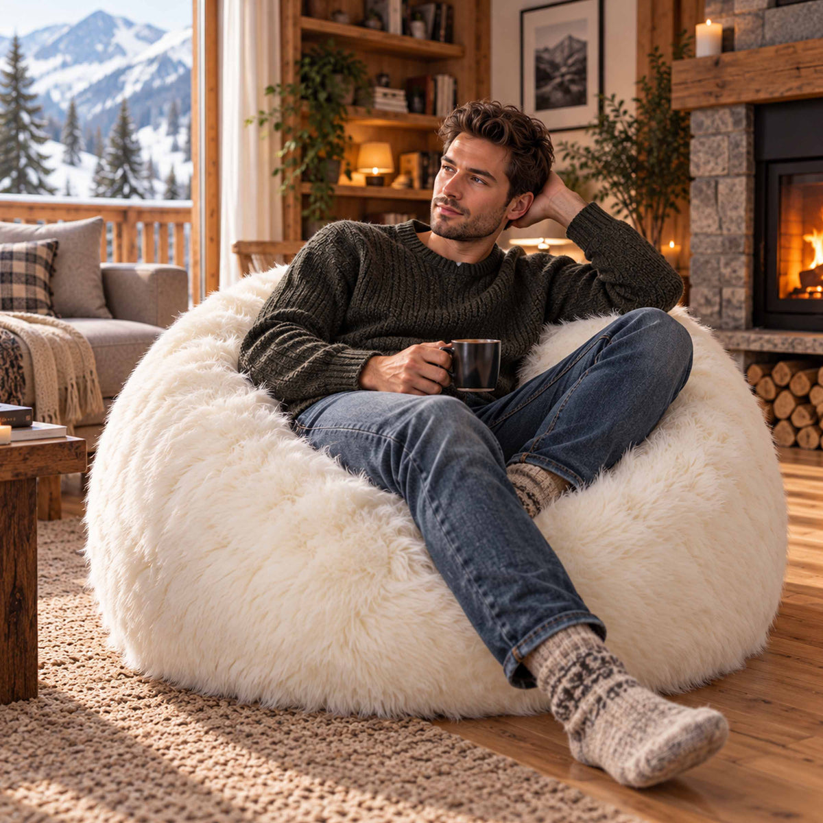 Pouf Fauteuil Rond XL Fourrure Poil Long Blanc, pouf moelleux en fourrure blanche poils longs pour salon cocooning