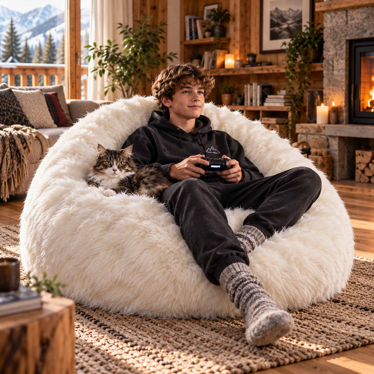 Pouf Fauteuil Rond XL Fourrure Poil Long Blanc, pouf moelleux pour gaming et détente en intérieur, photo ambiance