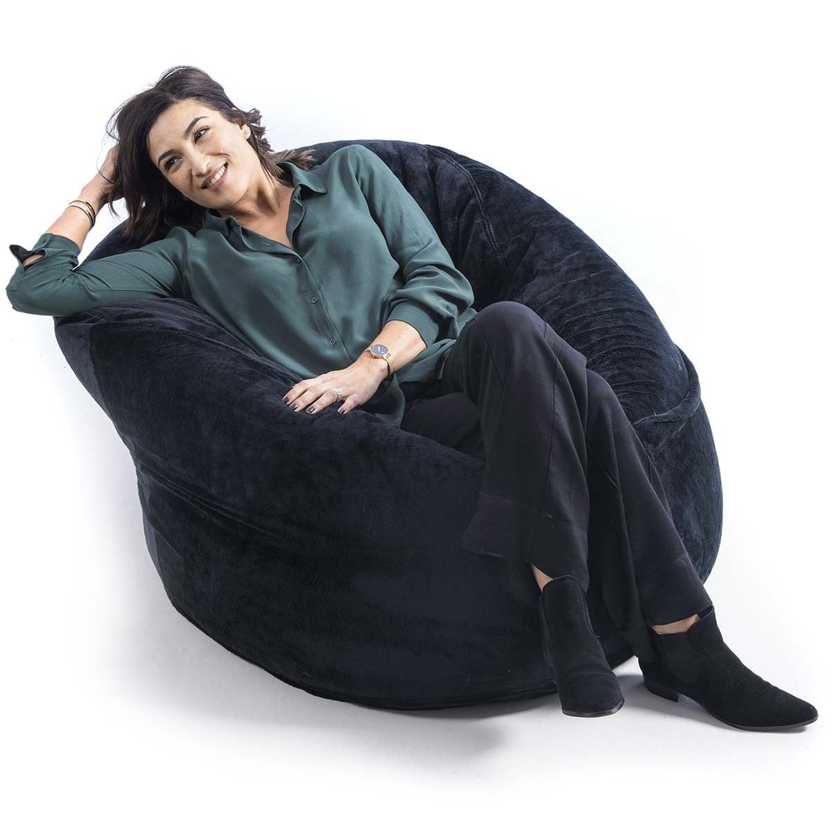 Pouf Fauteuil Rond XL Polaire Noir, grand coussin moelleux en intérieur tissu polaire, assise détente