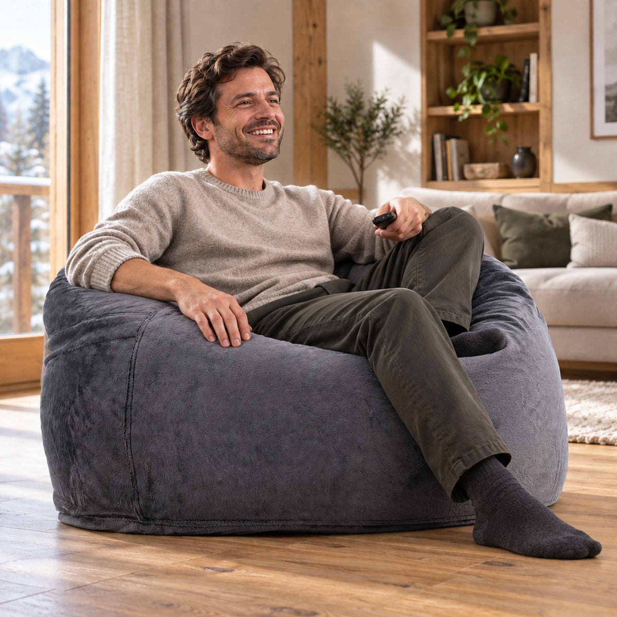 Pouf Fauteuil Rond XL Polaire Gris, pouf intérieur en tissu polaire doux pour lecture et jeux, assise confortable
