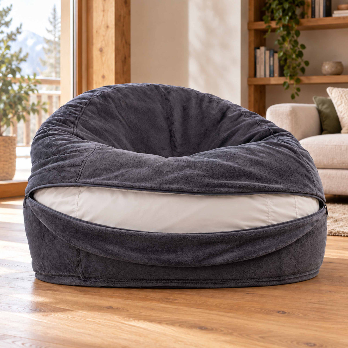 Pouf Fauteuil Rond XL Polaire Gris, pouf intérieur moelleux en tissu polaire pour salon, lecture et gaming