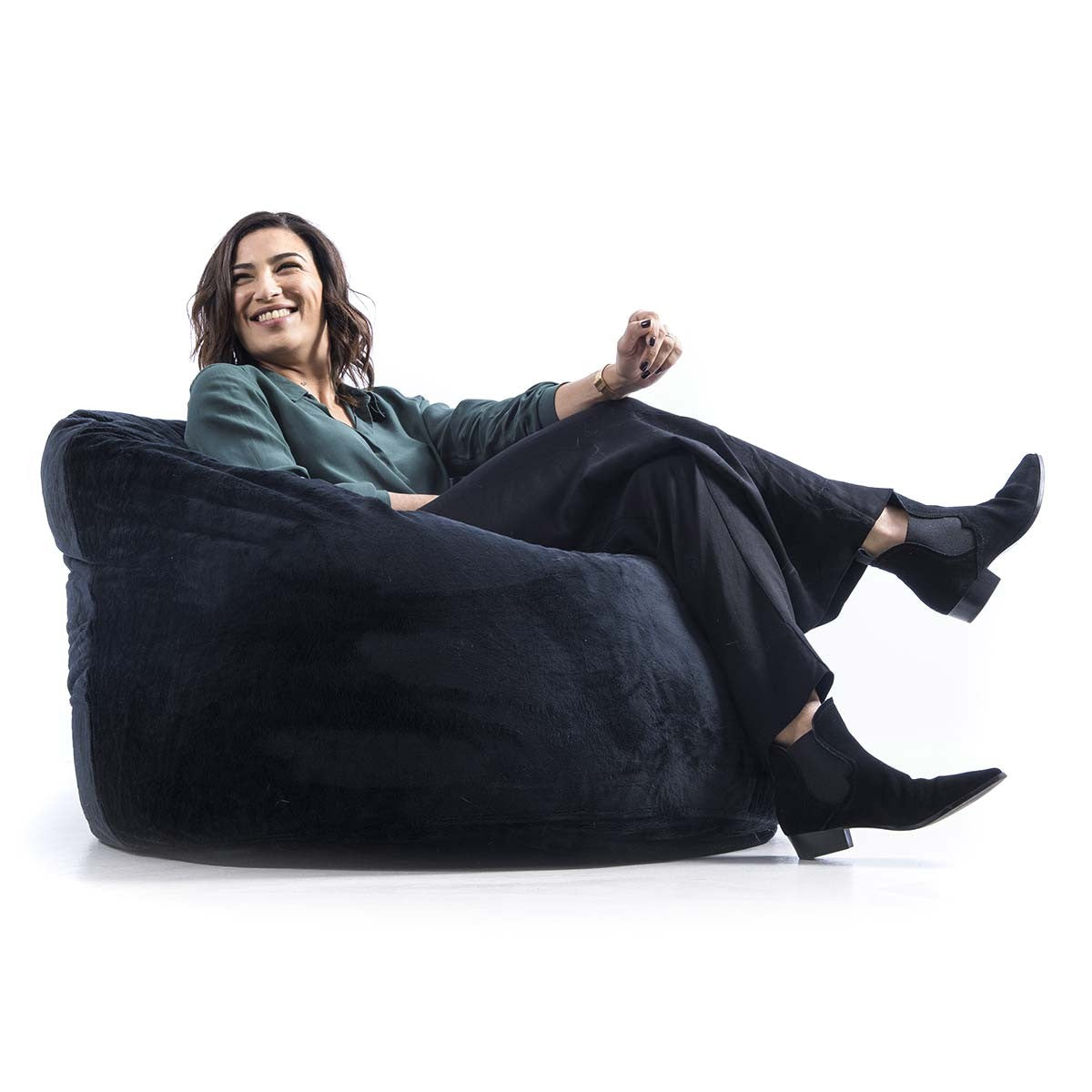 Pouf Fauteuil Rond XL Polaire Noir, pouf géant en tissu polaire noir pour détente, assise intérieure