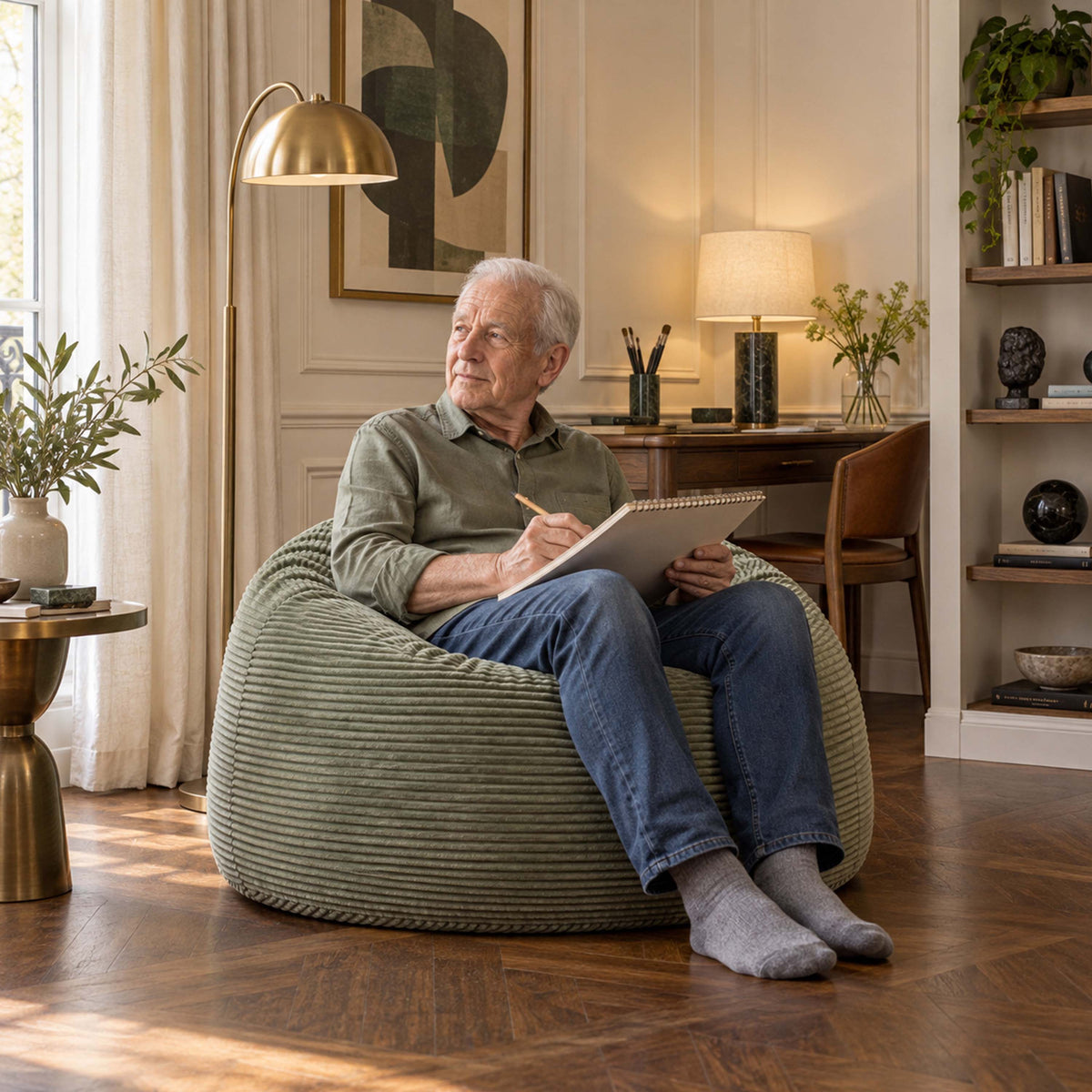 Pouf Géant Rond XL Velours Côtelé Vert Sauge, assise ronde XL en velours côtelé, confort pour lecture dans salon
