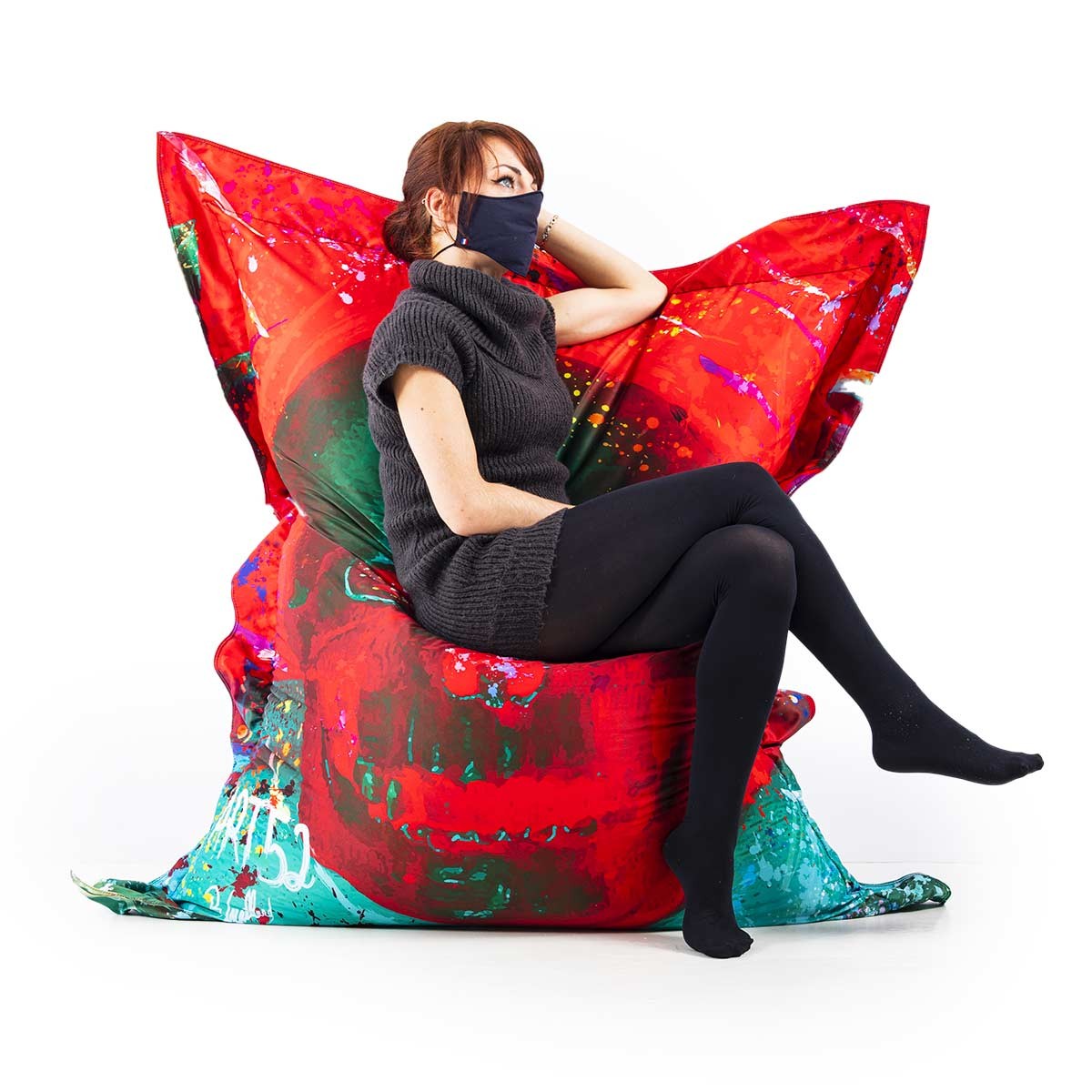 Pouf Géant ART52® - Vanité Rouge : pouf imprimé rouge à l’artiste Benjamin Cupillard, série limitée, signé, assise confortable