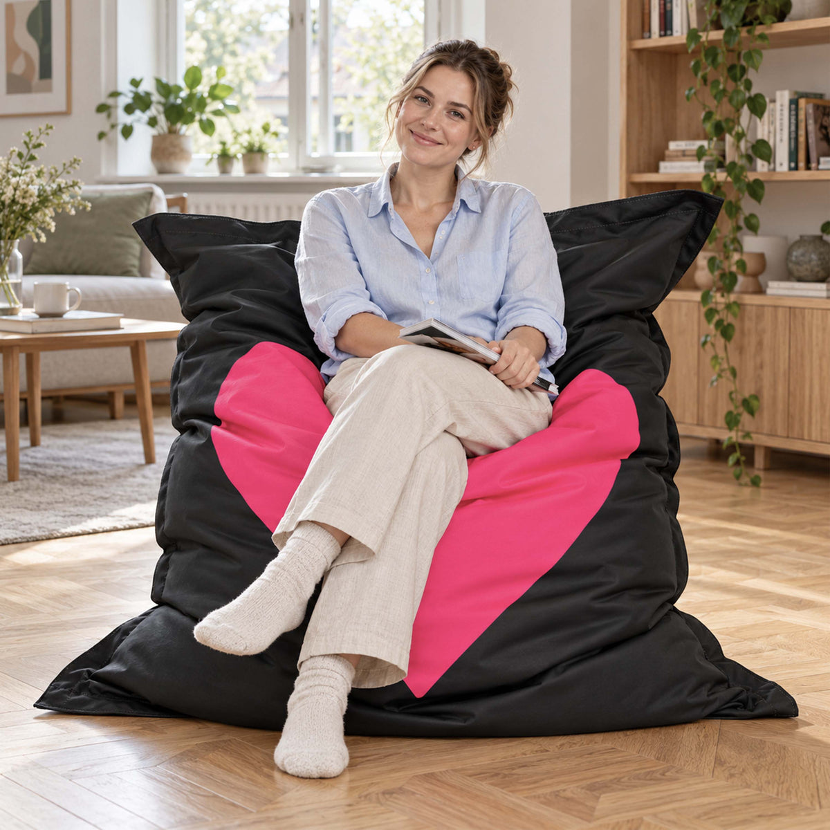 Pouf géant cœur rose déhoussable, pouf XXL imprimé cœur pour salon ou chambre, modèle grand format pour détente