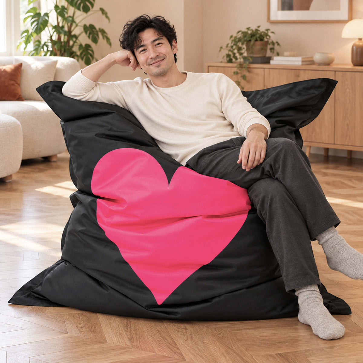 Pouf géant cœur rose déhoussable, pouf XXL avec motif cœur rose sur assise géante