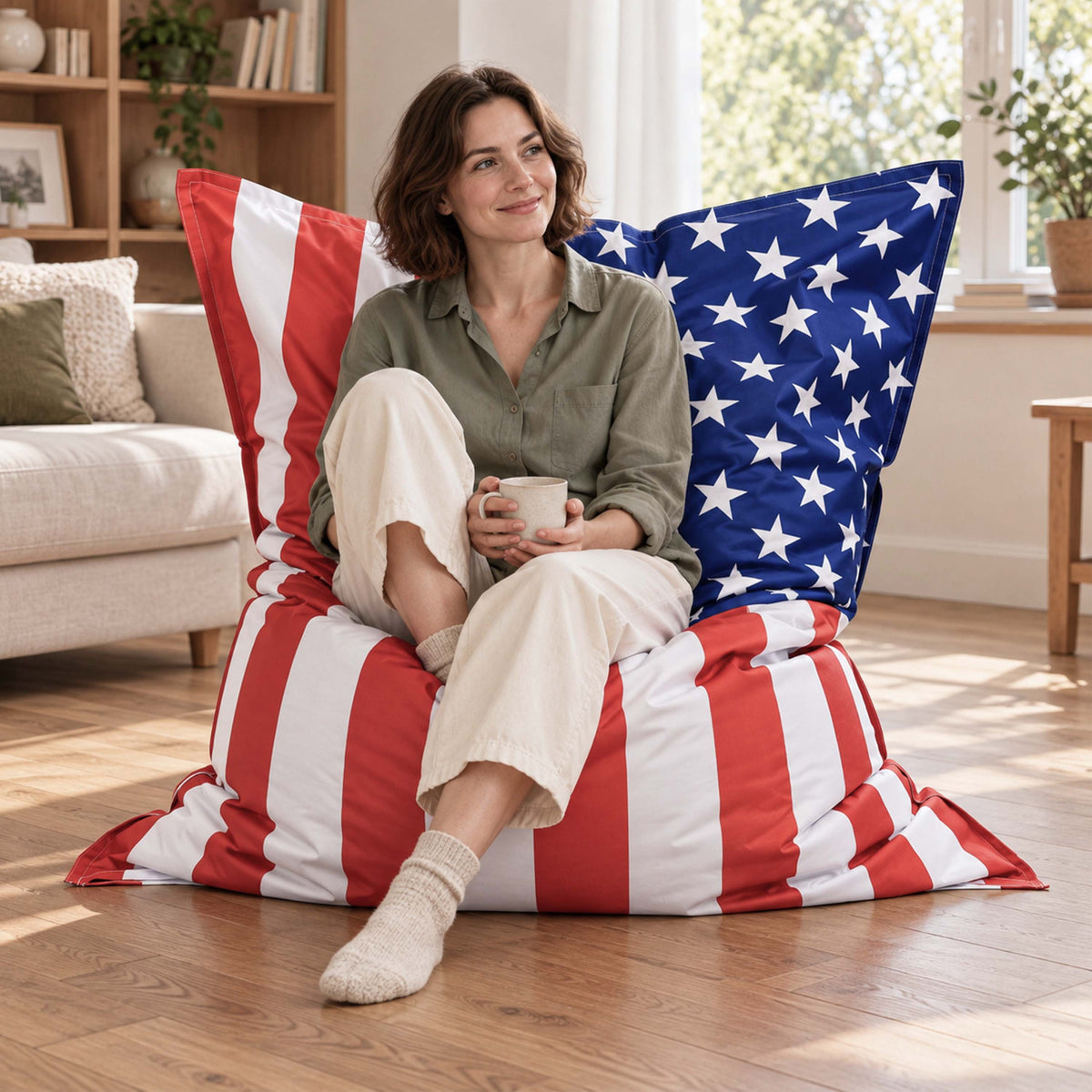 pouf géant drapeau américain USA XXL : femme assise sur coussin XXL aux couleurs des USA, salon confortable et décor patriotique