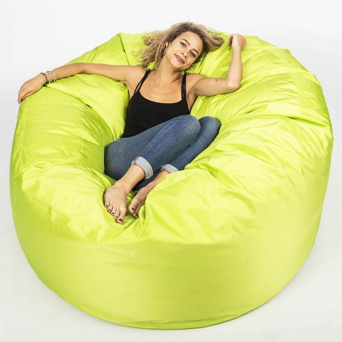 Pouf Géant Extérieur TiTAN Vert Lime, pouf XXXL rond 140 x 75 cm pour extérieur, assise confortable