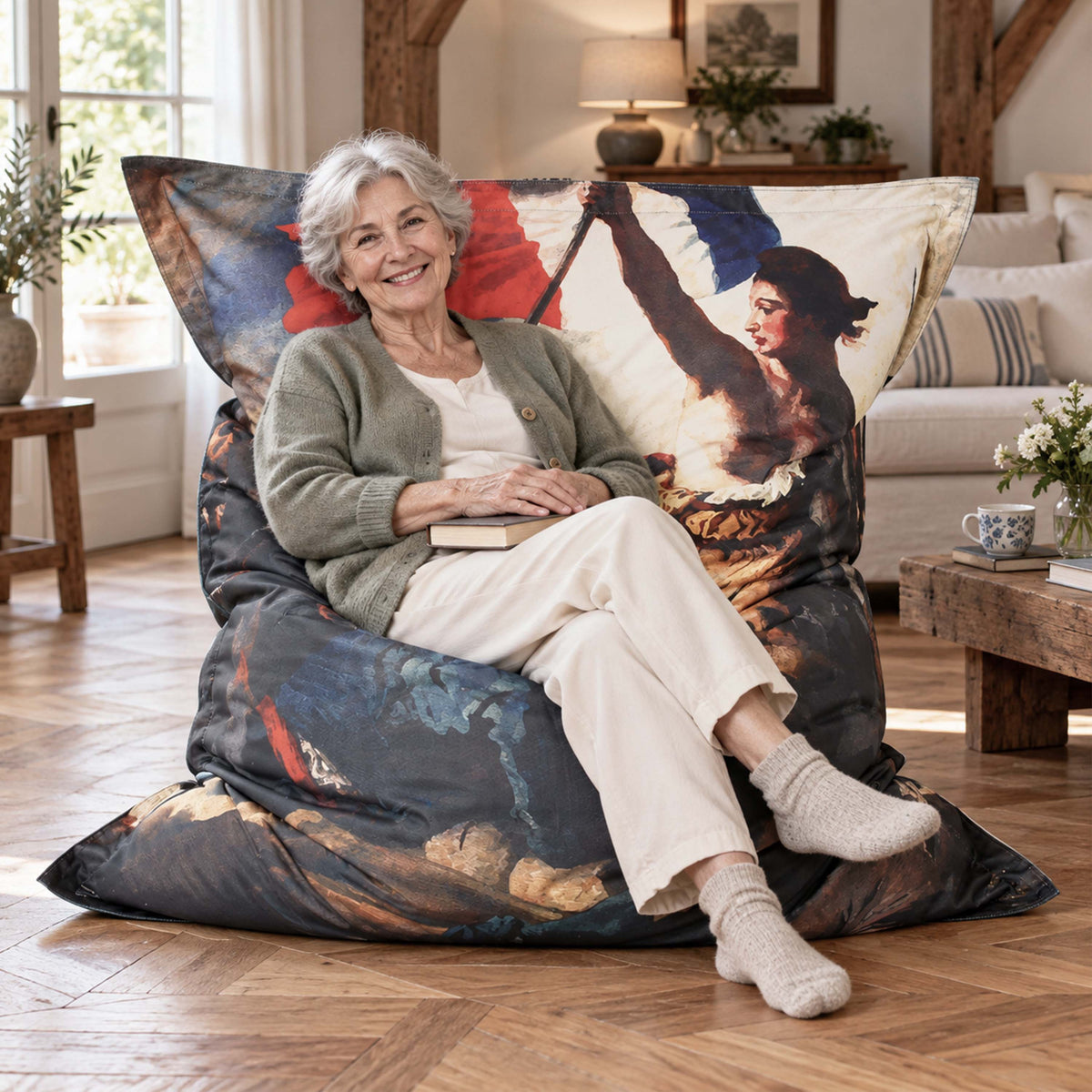 pouf géant déhoussable Marianne Révolution BiG52, pouf géant en intérieur avec impression HD, grand coussin décoratif