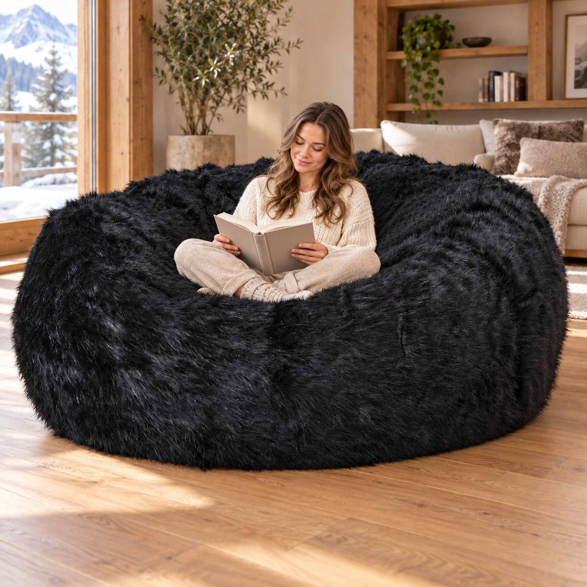 Puf gigante redondo XXL de pelo negro