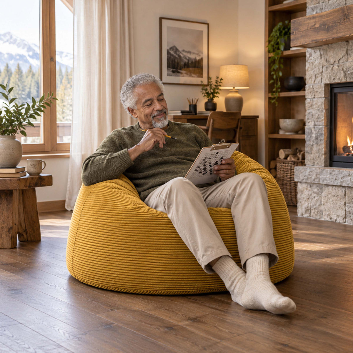 Pouf Géant Rond XL Velours Côtelé Jaune moutarde, assise ronde XL en velours côtelé, intérieur chaleureux au coin du feu
