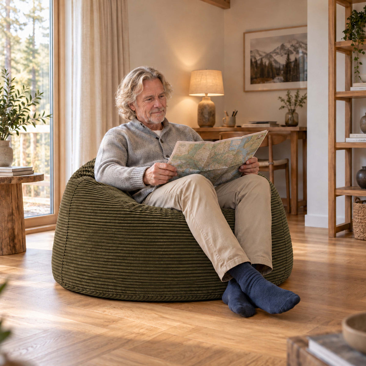 Pouf Géant Rond XL Velours Côtelé Kaki foncé, pouf fauteuil XXL rond en velours côtelé, assise confortable pour salon