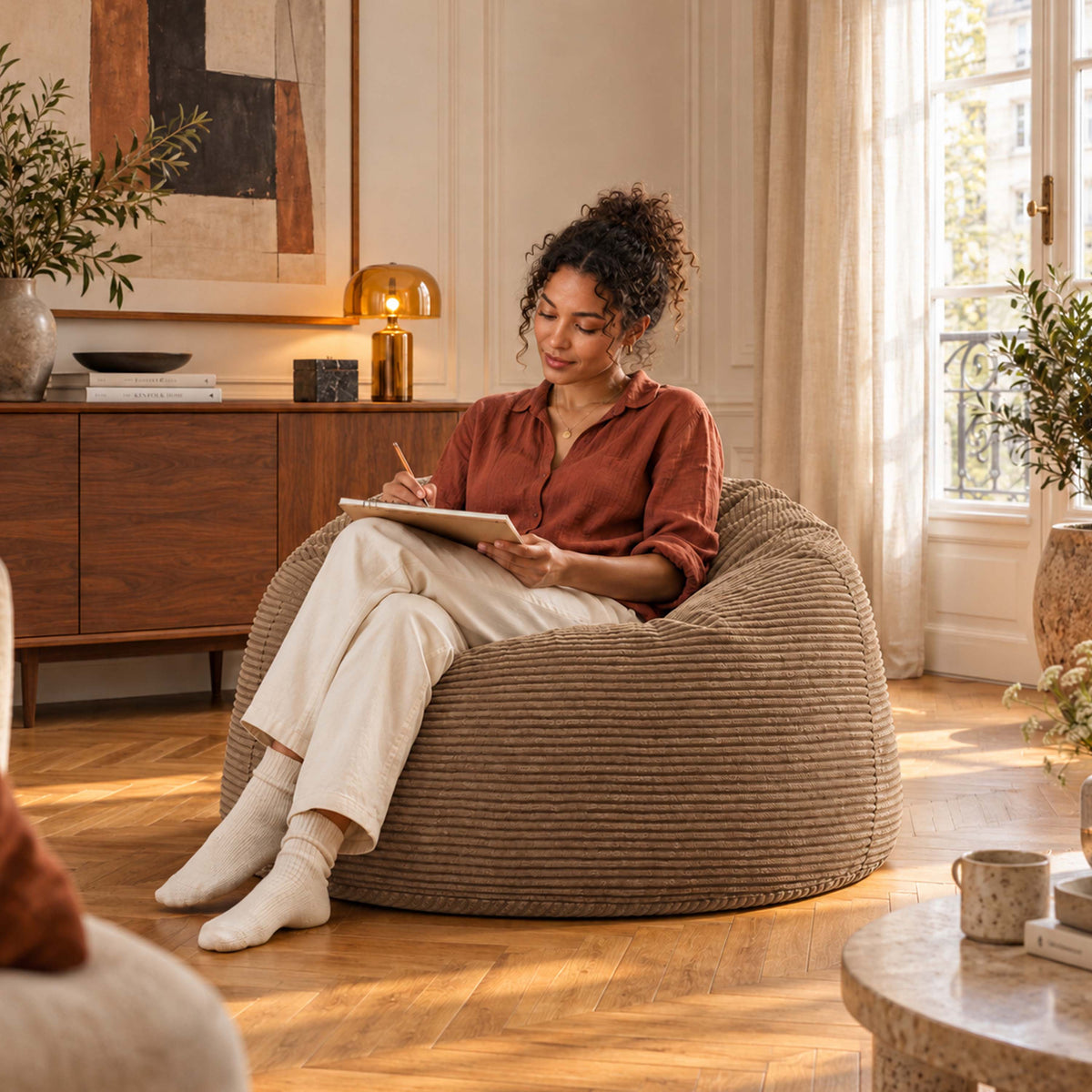 Pouf Géant Rond XL Velours Côtelé Marron, grande assise ronde en velours côtelé marron pour salon cosy