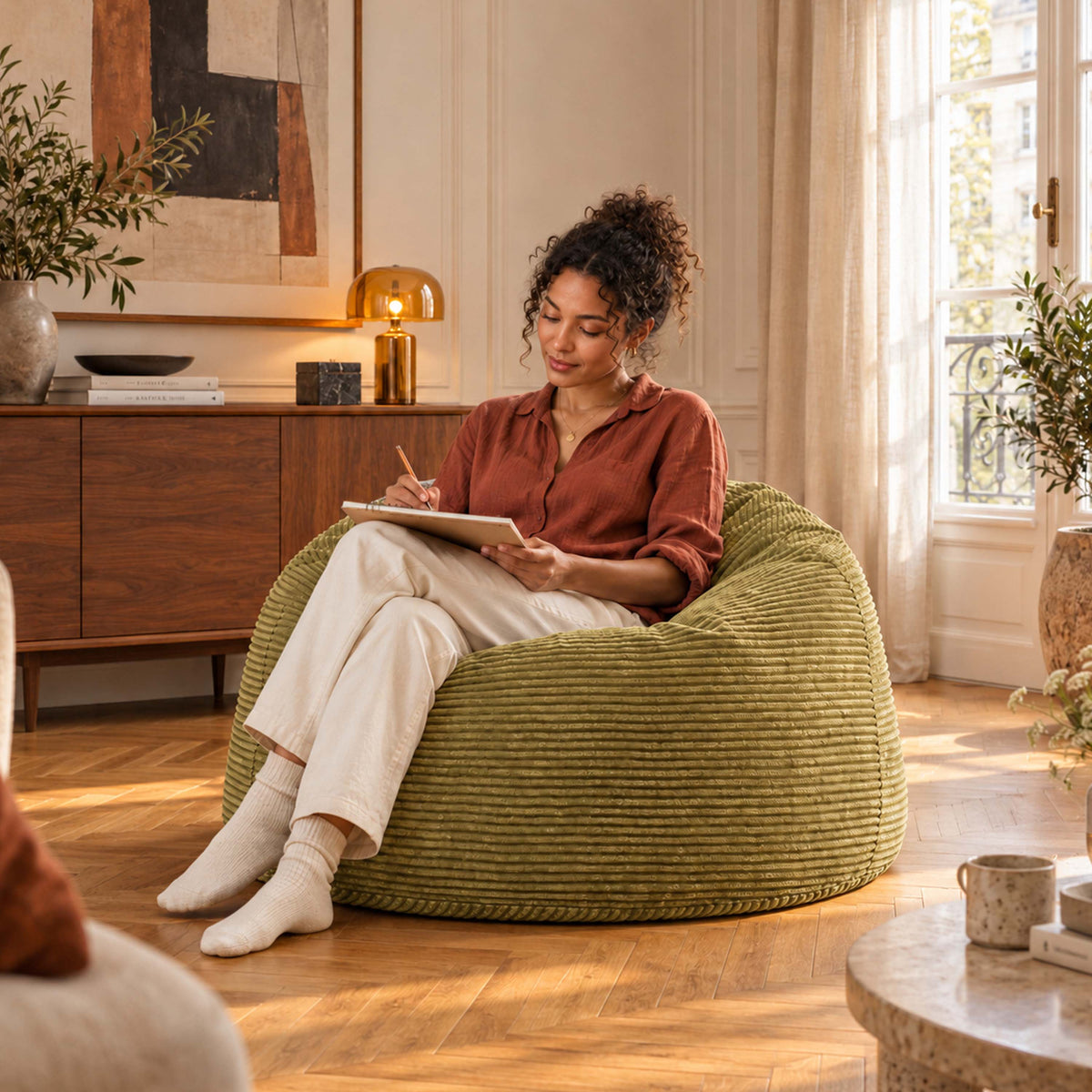 Pouf Géant Rond XL Velours Côtelé Vert olive clair, pouf fauteuil rond XL en velours côtelé vert, pour salon confortable