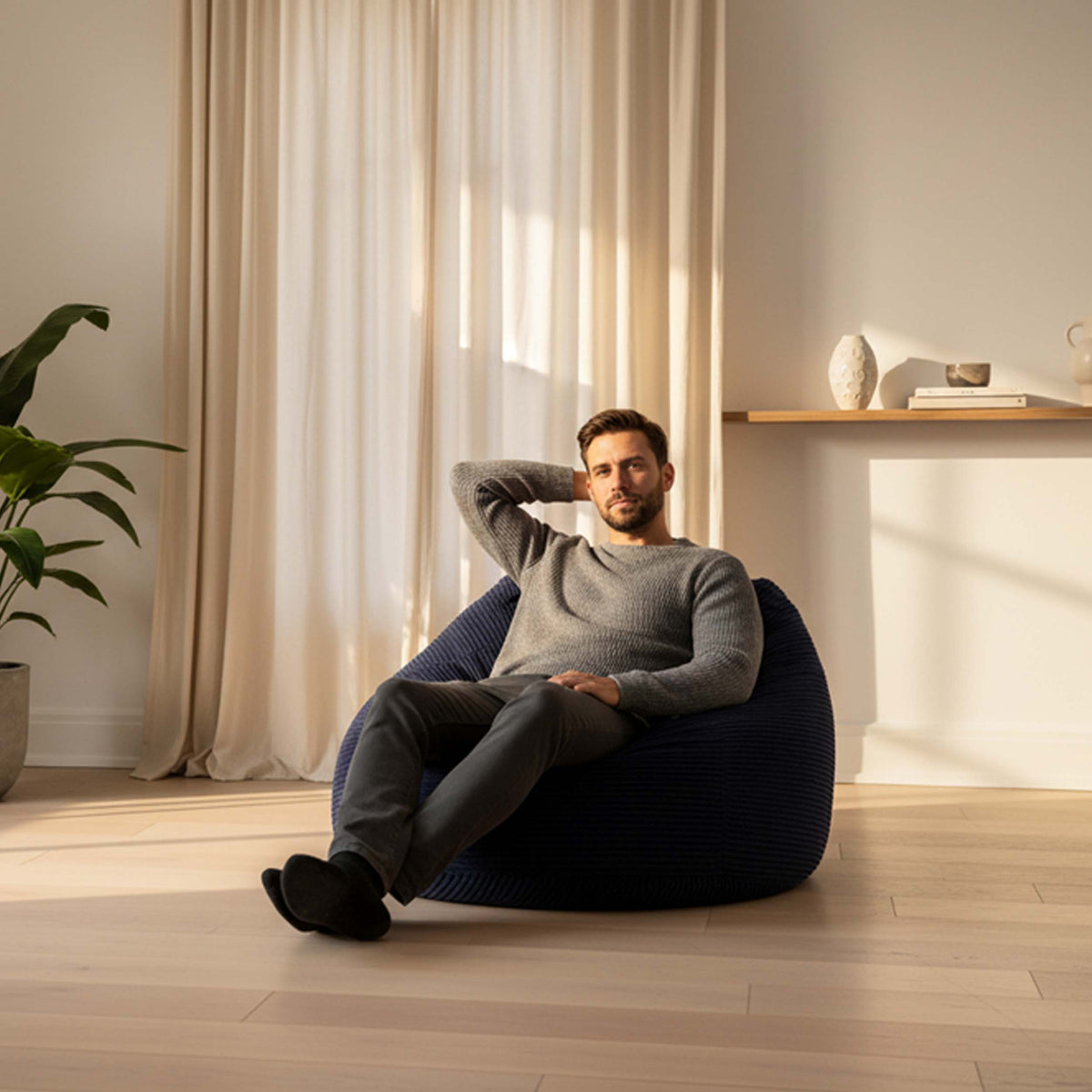 Pouf Géant Rond XL Velours Côtelé Bleu Marine : pouf fauteuil rond XL en velours côtelé bleu marine, assise confortable pour salon
