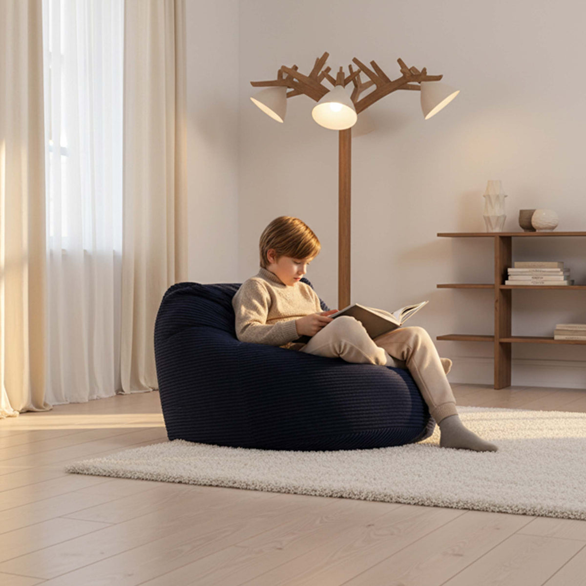 Pouf Géant Rond XL Velours Côtelé Bleu Marine, pouf fauteuil XL rond en velours côtelé bleu marine pour salon, confort reading