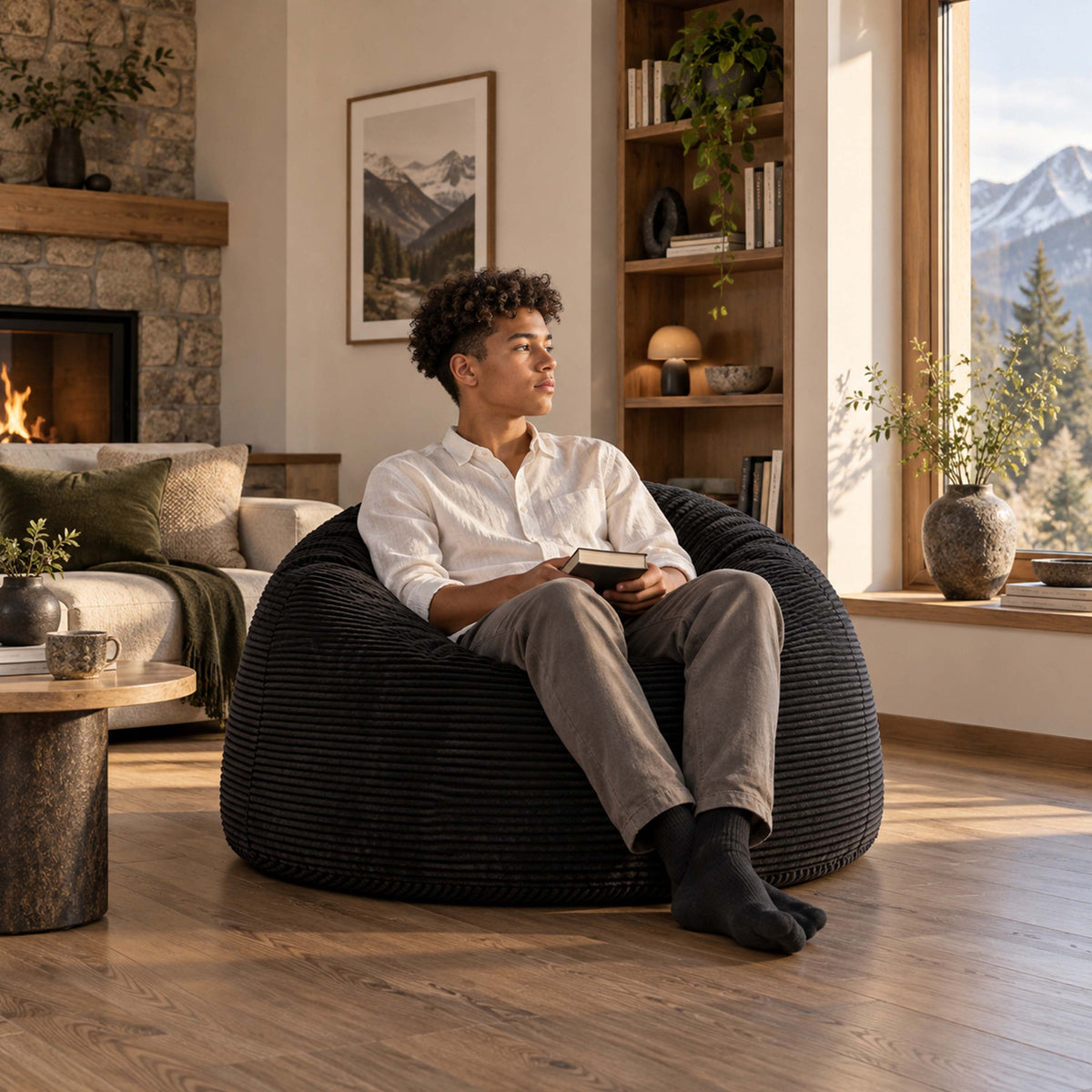 Pouf Géant Rond XL Velours Côtelé Noir : pouf fauteuil XXL rond en velours côtelé noir, assise confortable dans un salon moderne