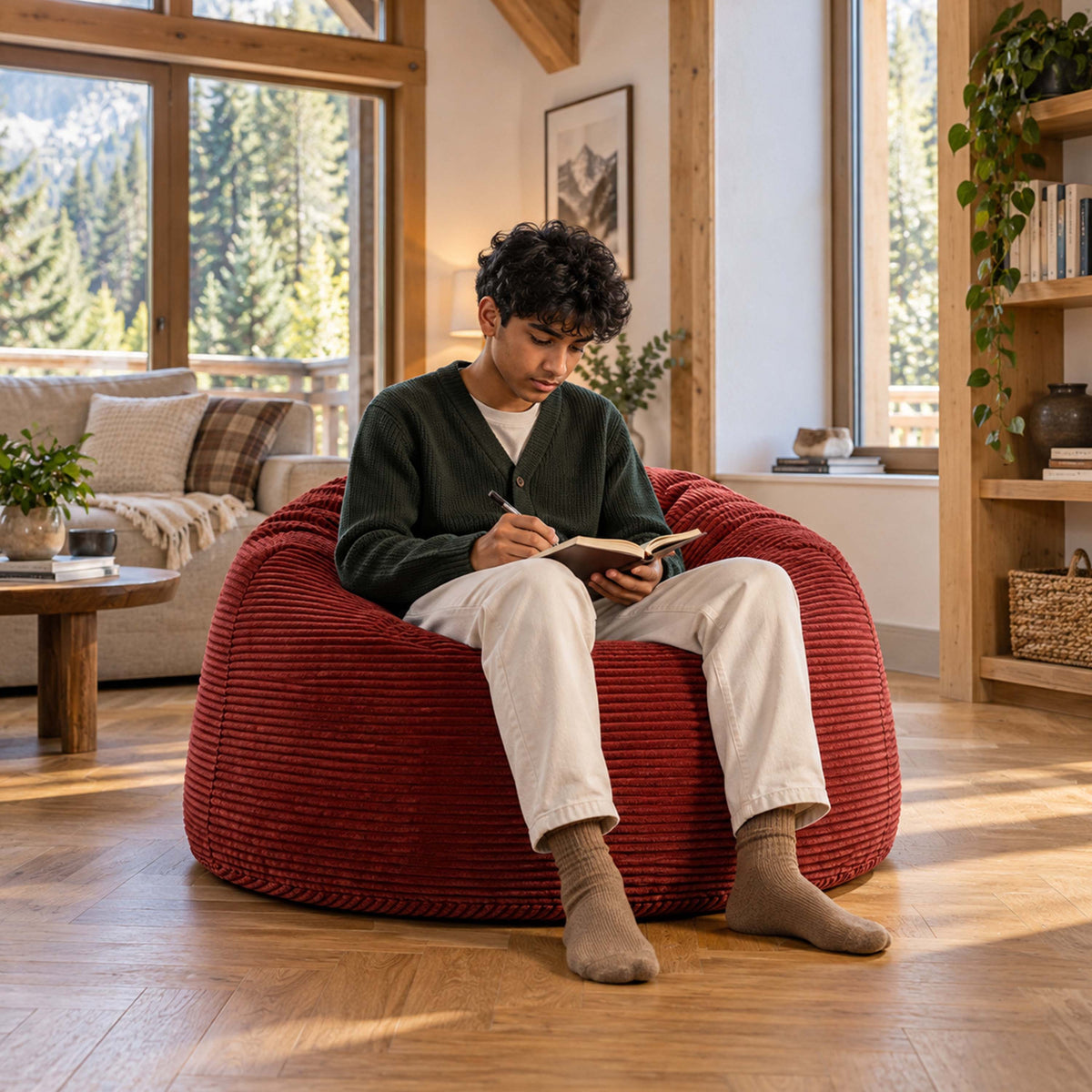 Pouf Géant Rond XL Velours Côtelé Rouge, pouf fauteuil XL en velours côtelé rouge pour salon, assise confortable