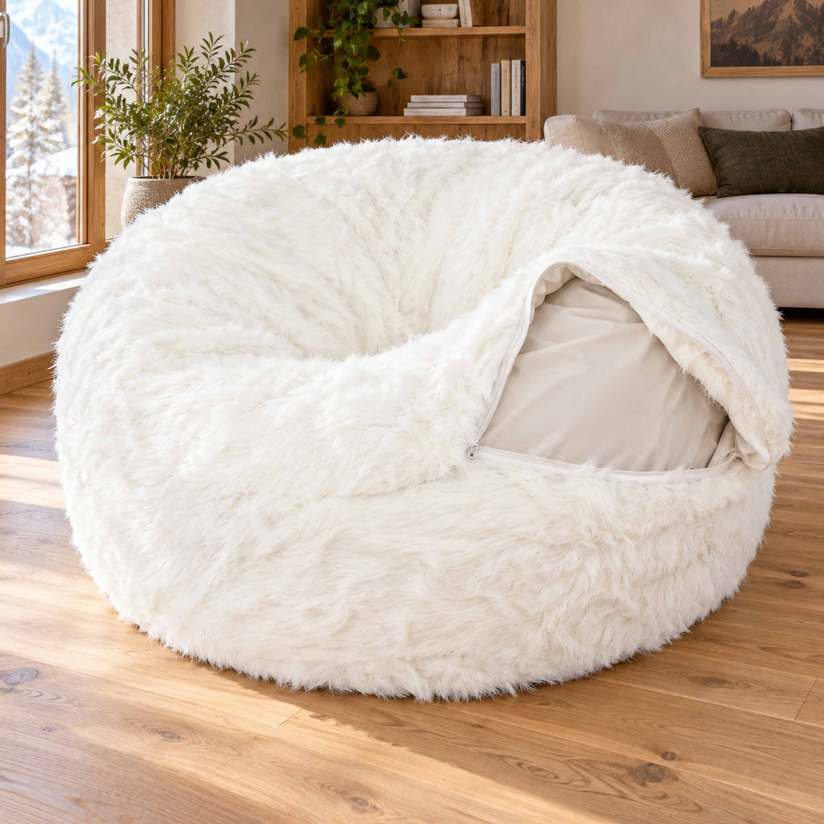 Pouf Géant Rond XXL Fourrure Blanc, pouf canapé en fourrure poil long XXL blanc, détente cosy