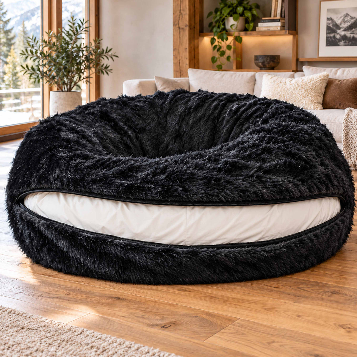 Pouf Géant Rond XXL Fourrure Noir, grand canapé moelleux en intérieur, photo salon cosy