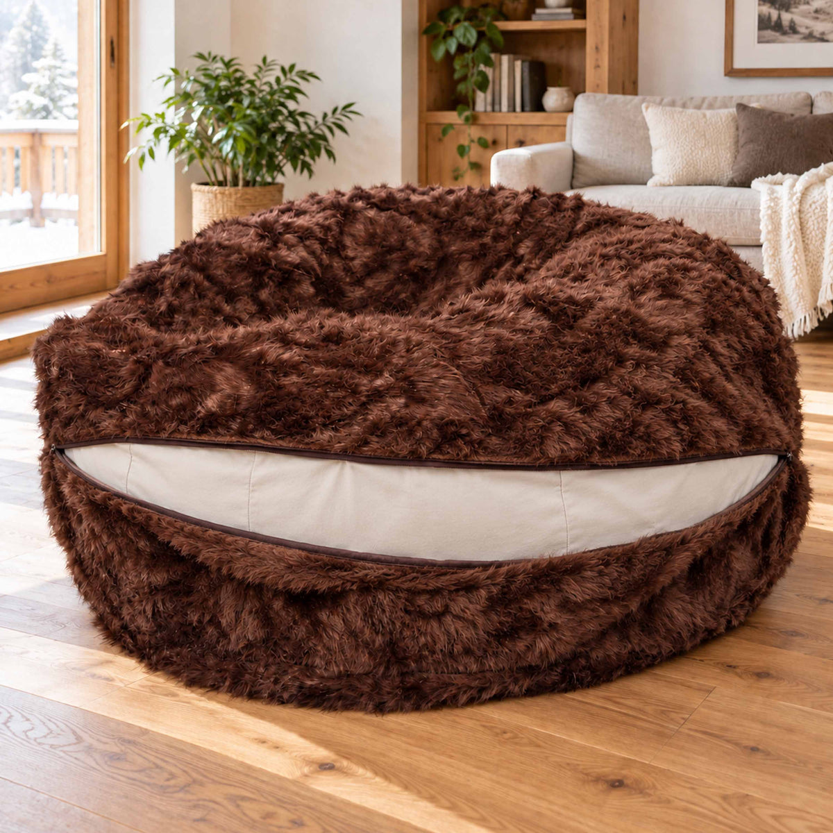 Pouf Géant Rond XXL Fourrure Marron, grand canapé en fourrure poil long marron BiG52 TiTAN, salon cosy