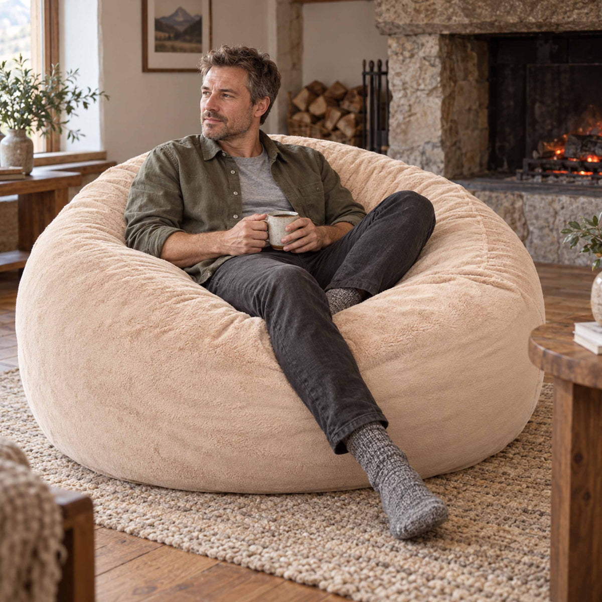 Riesiger runder XXL Sitzsack Beige Fleece