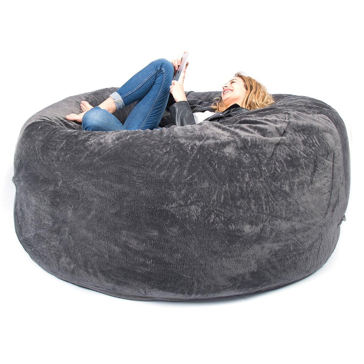 Pouf Géant Rond XXL Polaire Gris Big52 Titan, assise XXL ultra confortable pour se détendre dans le salon