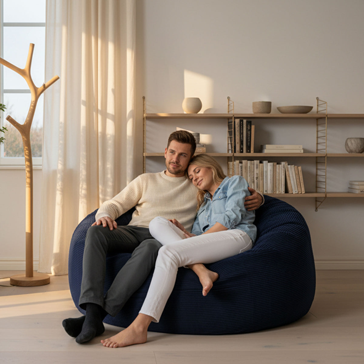 Pouf Géant Rond XXL Velours Côtelé Bleu Marine TiTAN, grand pouf canapé XXL en velours côtelé bleu marine pour salon