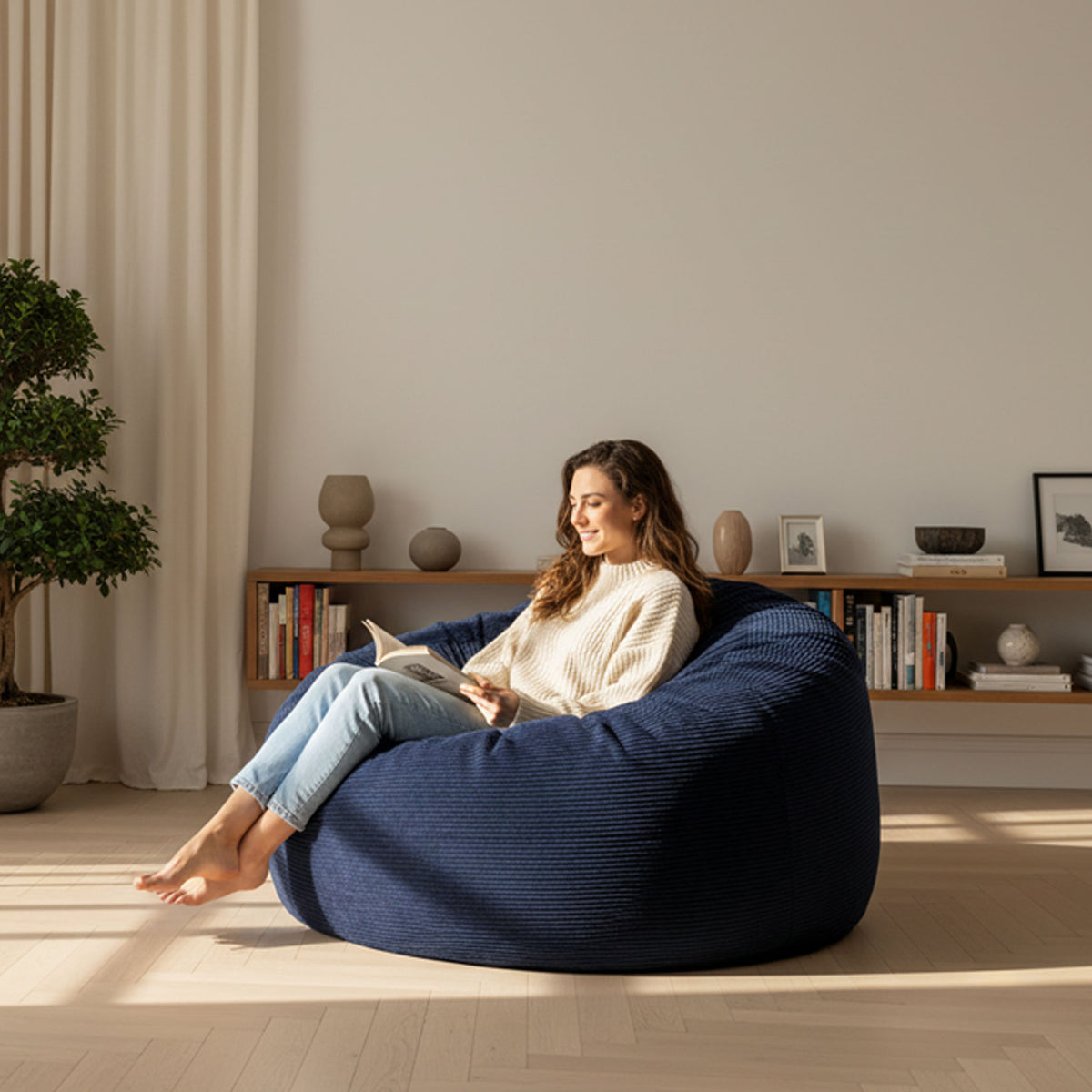 Pouf Géant Rond XXL Velours Côtelé Bleu Marine, grand fauteuil poire XXL en velours côtelé bleu, confort lecture
