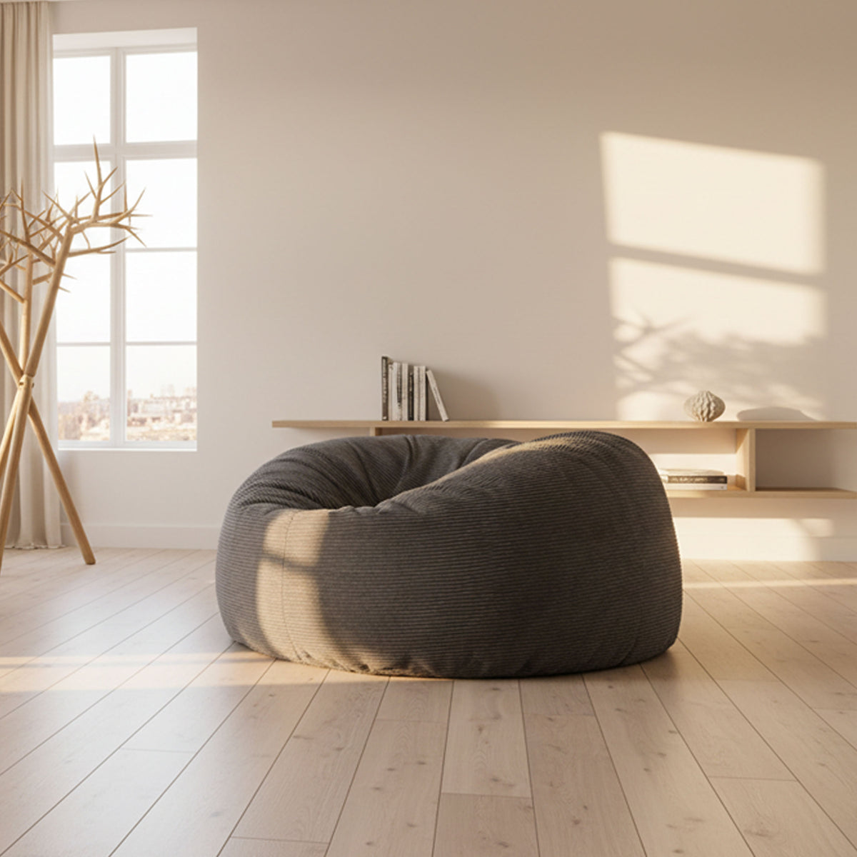 Pouf Géant Rond XXL Velours Côtelé Gris, siège XXL déhoussable en velours côtelé gris pour salon moderne