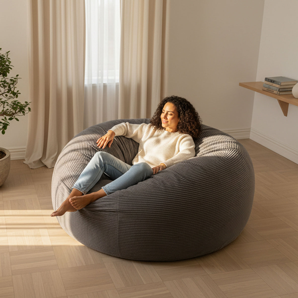 Pouf Géant Rond XXL Velours Côtelé Gris TiTAN, assise XXL déhoussable, billes haute densité M1, confort canapé