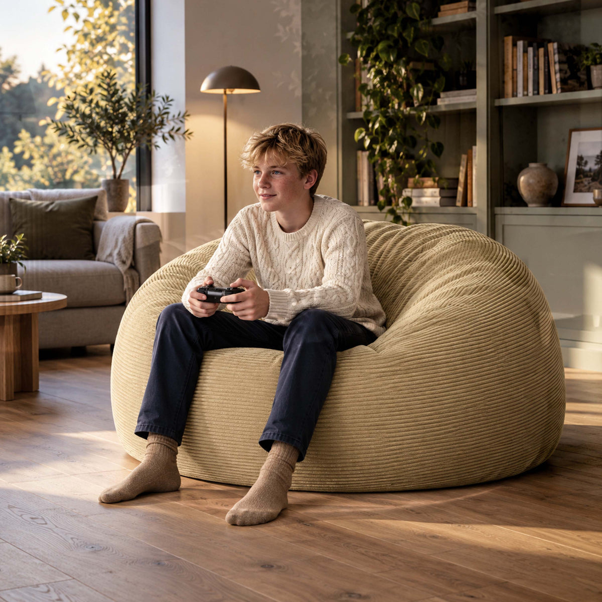 Pouf Géant Rond XXL Velours Côtelé Beige doré TiTAN, grand pouf canapé déhoussable en velours côtelé, coussin XXL
