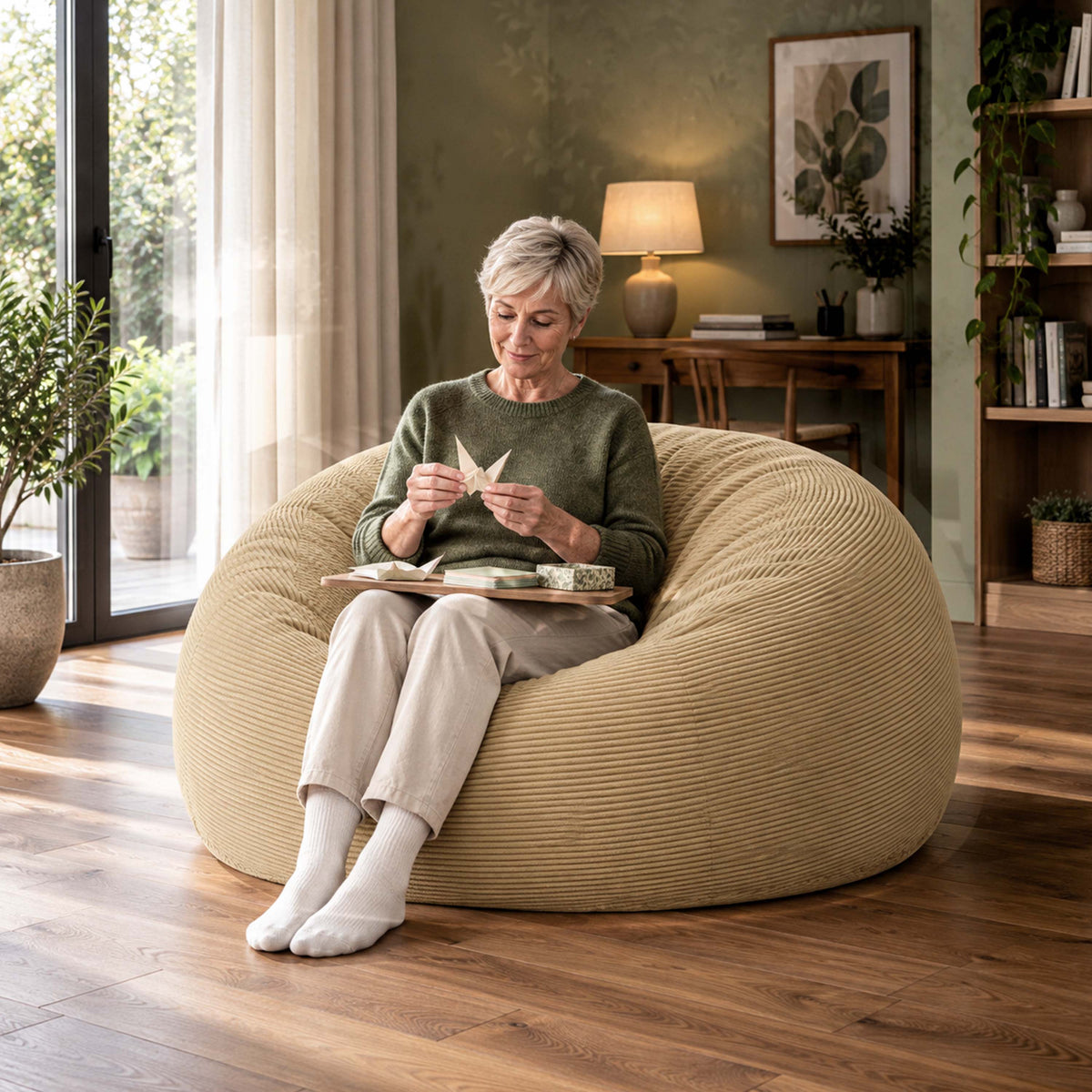 Pouf Géant Rond XXL Velours Côtelé Beige doré, grand pouf canapé déhoussable, intérieur salon chaleureux