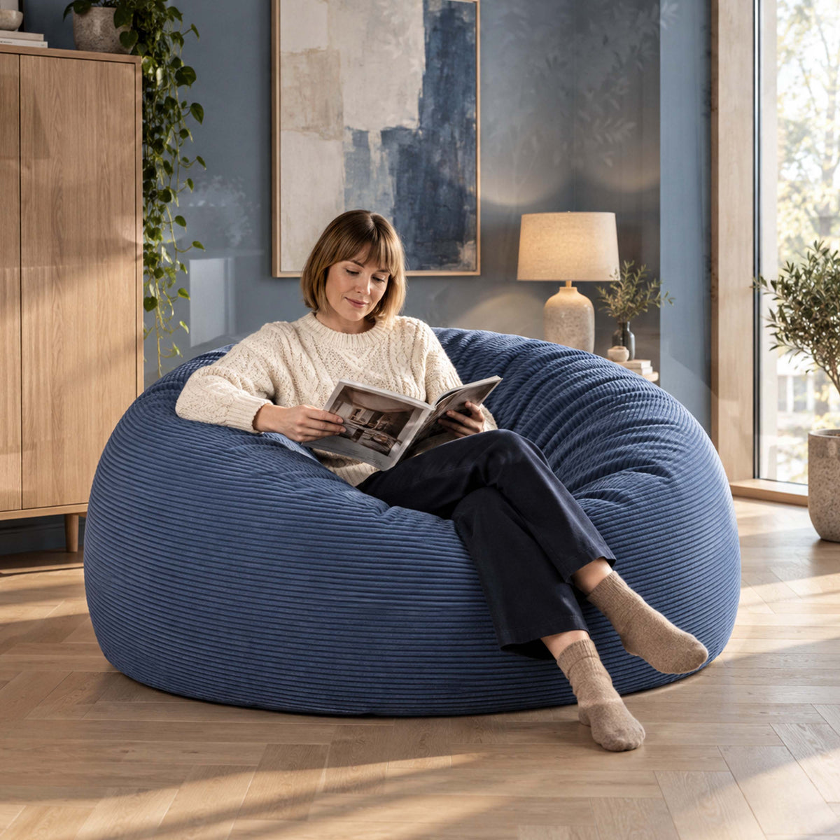 Pouf Géant Rond XXL Velours Côtelé Bleu denim TiTAN XXL, housse déhoussable, grande assise moelleuse en intérieur