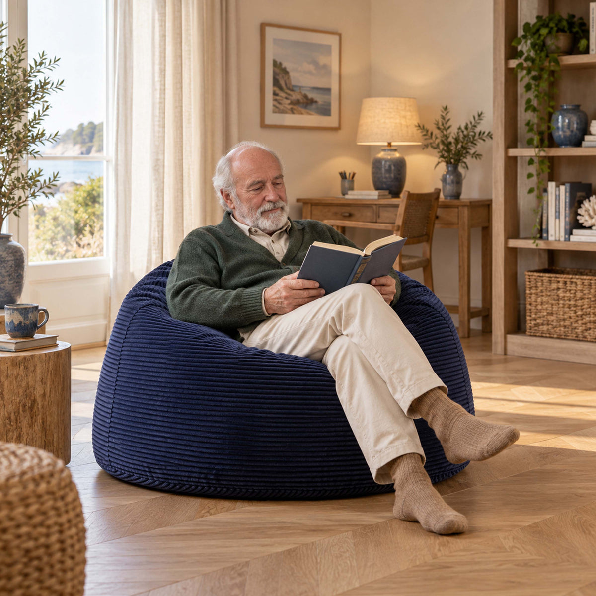 Pouf Géant Rond XL Velours Côtelé Bleu Marine : pouf XXL rond en velours côtelé, assise confortable pour salon