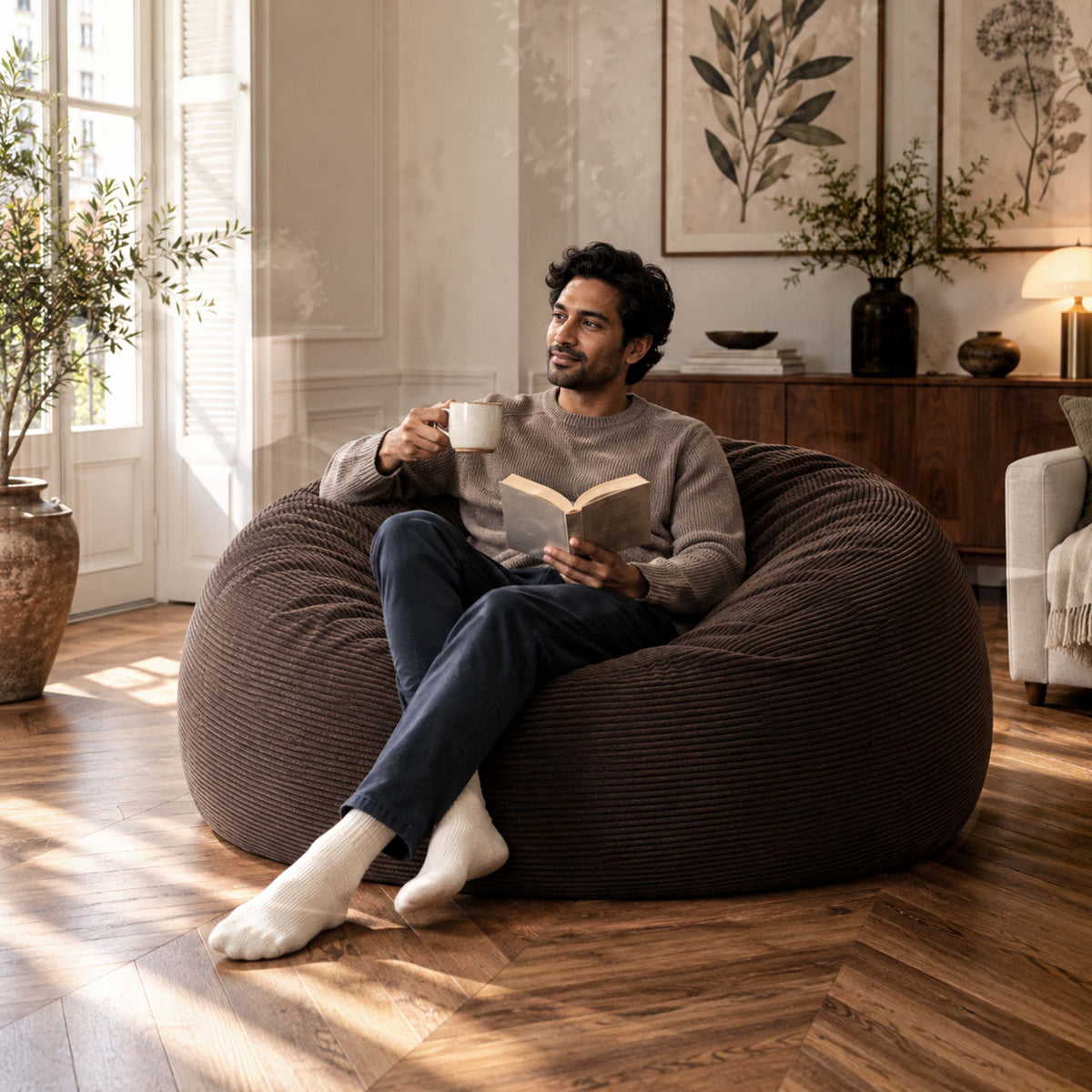 Pouf Géant Rond XXL Velours Côtelé Brun espresso TiTAN, grand pouf canapé XXL en velours côtelé pour se détendre chez soi
