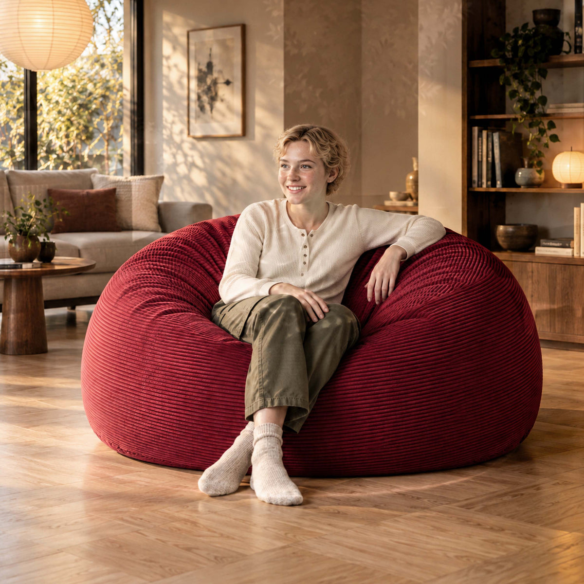 Alt Tag: Pouf Géant Rond XXL Velours Côtelé Cerise TiTAN XXL, assise confortable en velours côtelé cerise, déhoussable