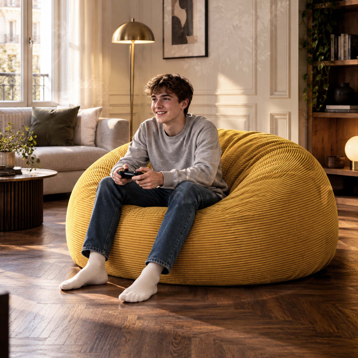 Pouf Géant Rond XXL Velours Côtelé Jaune moutarde, grand pouf canapé XXL en velours côtelé, assise confortable pour salon