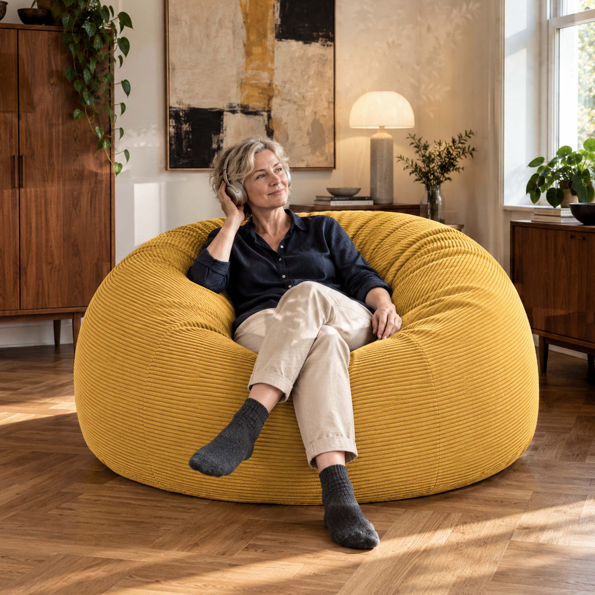 Pouf Géant Rond XXL Velours Côtelé Jaune moutarde, grand fauteuil XXL en velours côtelé, assise confortable, salon moderne