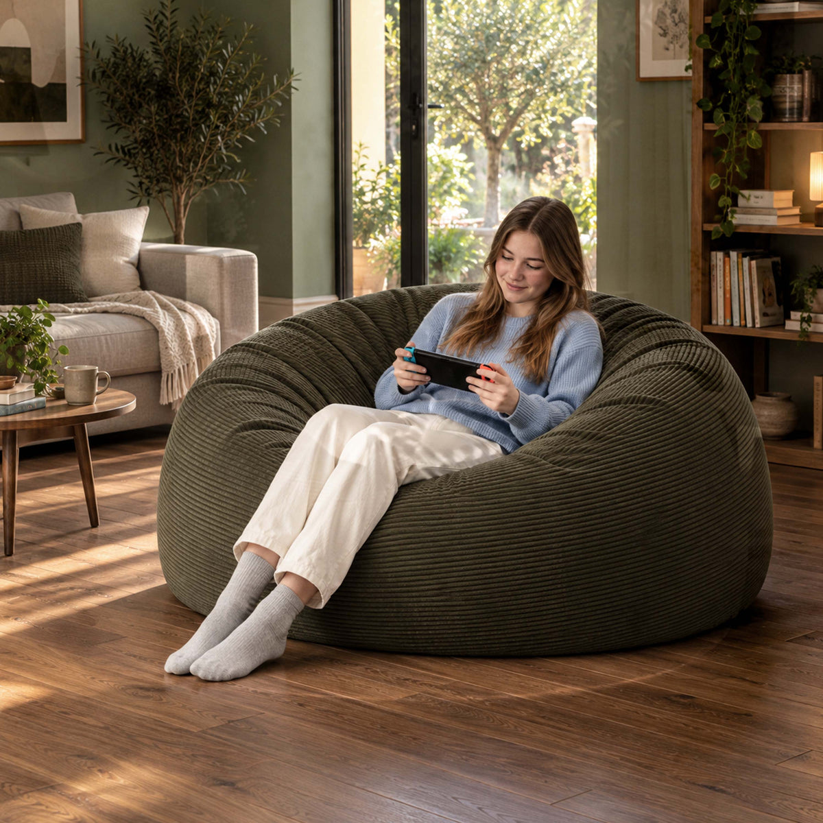 Alt Tag: Pouf Géant Rond XXL Velours Côtelé Kaki foncé, grand pouf canapé XXL en velours côtelé, ambiance salon