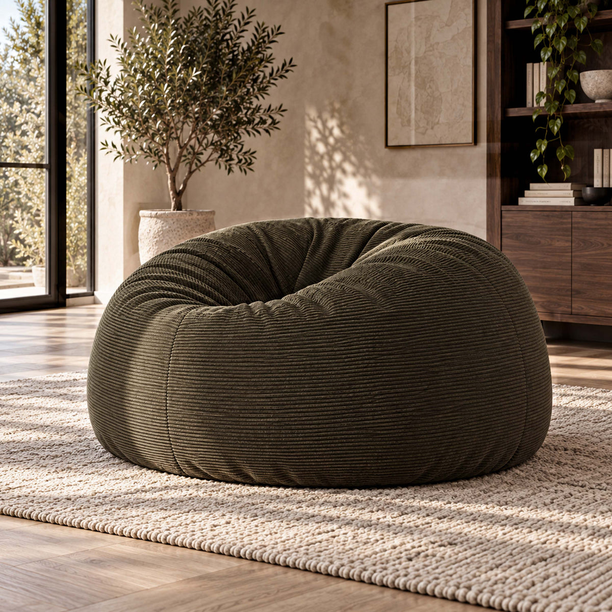 Pouf Géant Rond XXL Velours Côtelé Kaki foncé TiTAN, pouf XXL déhoussable, assise confort, salon moderne